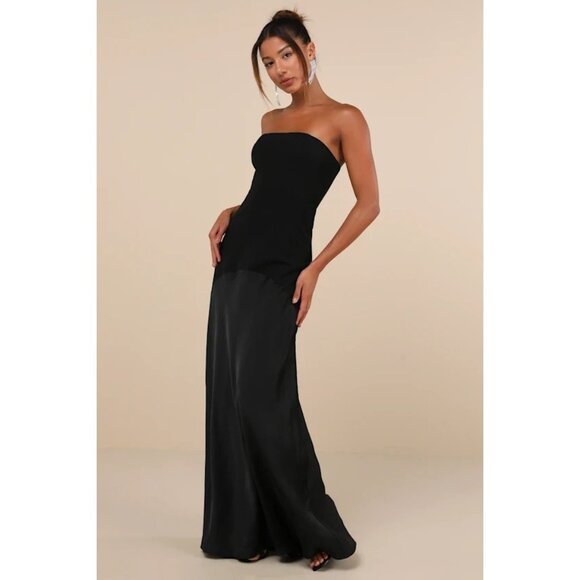 Lulus Compelling Style Long Strapless A-Line Maxi Dress Black S Small Silky NEW - Picture 3 of 16